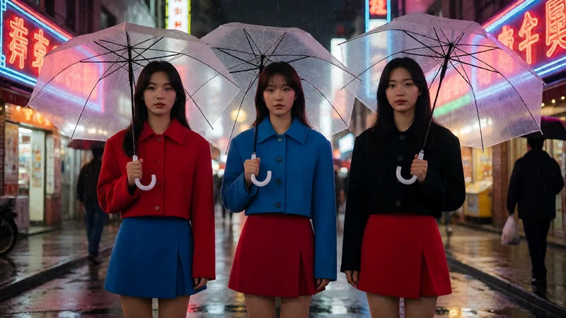 三名虚构成年女性穿女团风红蓝短外套居中站在夜雨霓虹街道