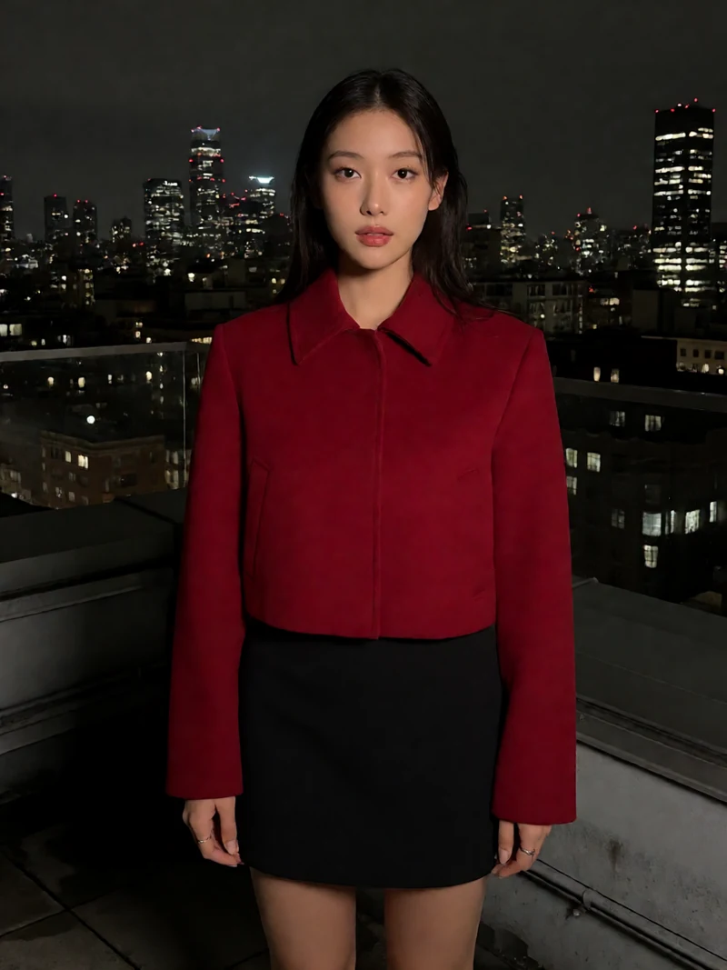 虚构成年女性穿深红短外套居中站在雨后楼顶夜景前