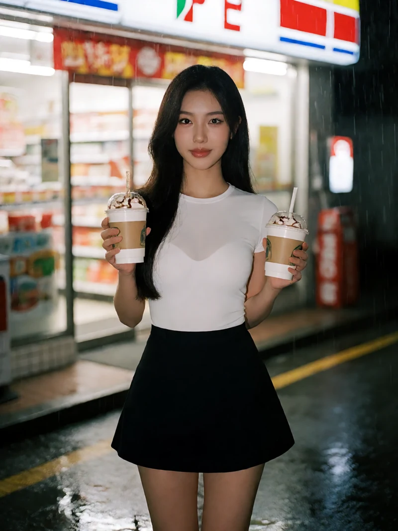 虚构成年女性穿白色上衣黑色高腰短裙居中站在夜间便利店门外拿热饮
