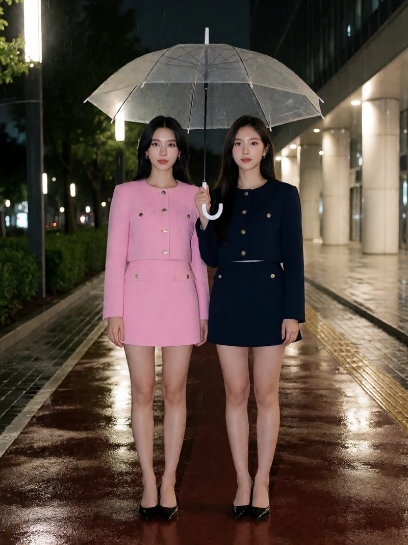两名虚构成年女性穿粉色与深蓝外套居中共撑一把透明雨伞